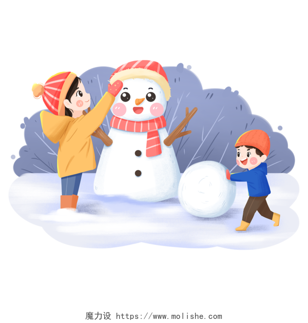 卡通儿童冬天堆雪人png素材插画玩雪